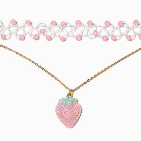 Pink Crystal Beaded Tattoo Choker &amp; Strawberry Crystal Pendant Choker - 2 Pack,