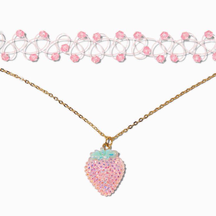 Pink Crystal Beaded Tattoo Choker &amp; Strawberry Crystal Pendant Choker - 2 Pack,