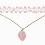 Pink Crystal Beaded Tattoo Choker &amp; Strawberry Crystal Pendant Choker - 2 Pack,