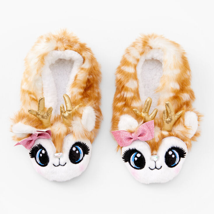 Brown Reindeer Plush Youth Slippers - S/M,