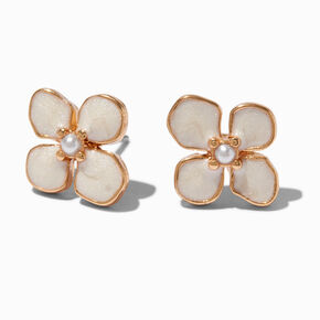Enamel White Pearl Flower Stud Earrings,