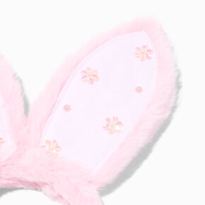 Beaded Floral Pink Plush Bunny Ears Headband,