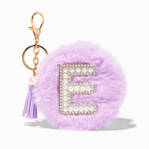 Purple Furry Pearl Initial Coin Purse Keychain - E,