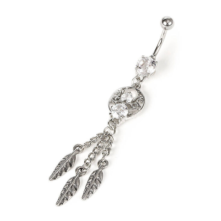 14G Silver &amp; Genuine Crystal Dreamcatcher Belly Ring,