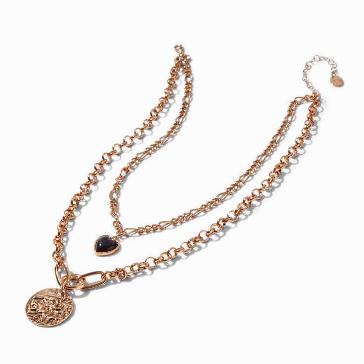 Gold-tone Lion Coin &amp; Black Heart Layered Multi-Strand Necklace ,