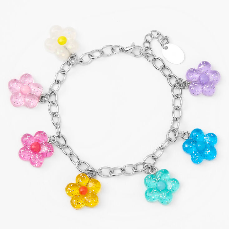 Silver Flower Charm Bracelet- Rainbow,