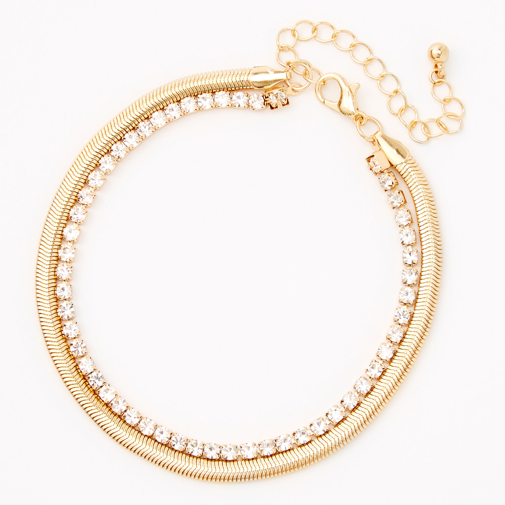 Gold Snake Chain & Rhinestone Multi Strand Anklet,