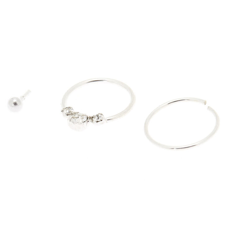 Anneaux couleur argent&eacute; et clou piercing cartilage - Lot de 3,