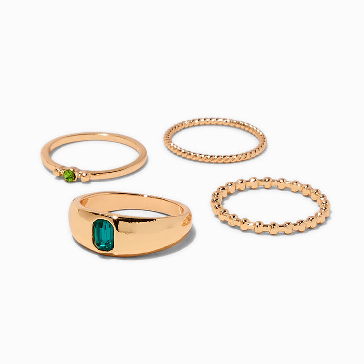 Green Rhinestone Gold-tone Signet Ring Set - 4 Pack,