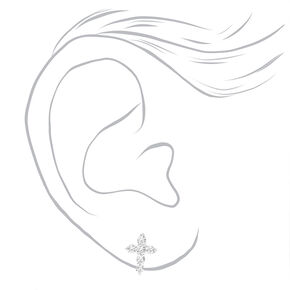 Silver-tone Cubic Zirconia Cross &amp; Stud Earrings - 3 Pack,