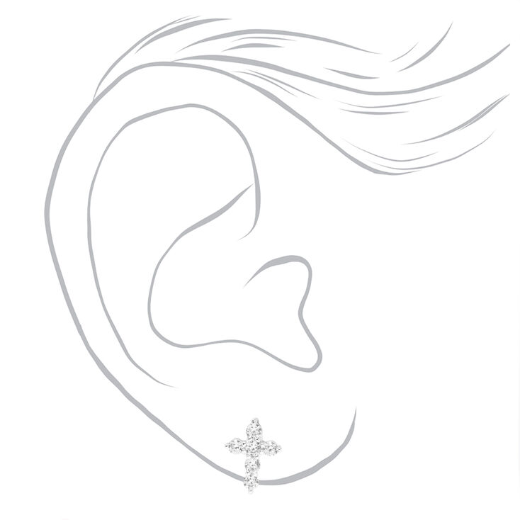 Silver-tone Cubic Zirconia Cross &amp; Stud Earrings - 3 Pack,