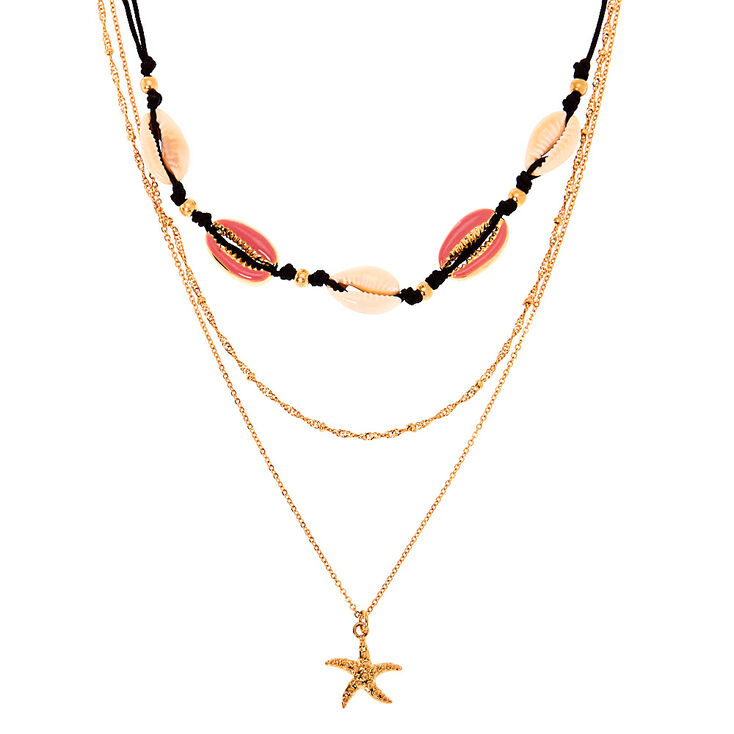 Gold Cowrie Shell Multi Strand Necklace - Pink,