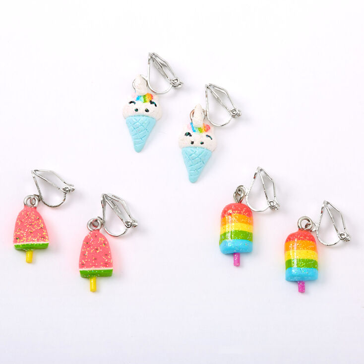 Silver Glitter Popsicle Ice Cream Clip On Earrings - 3 Pack,