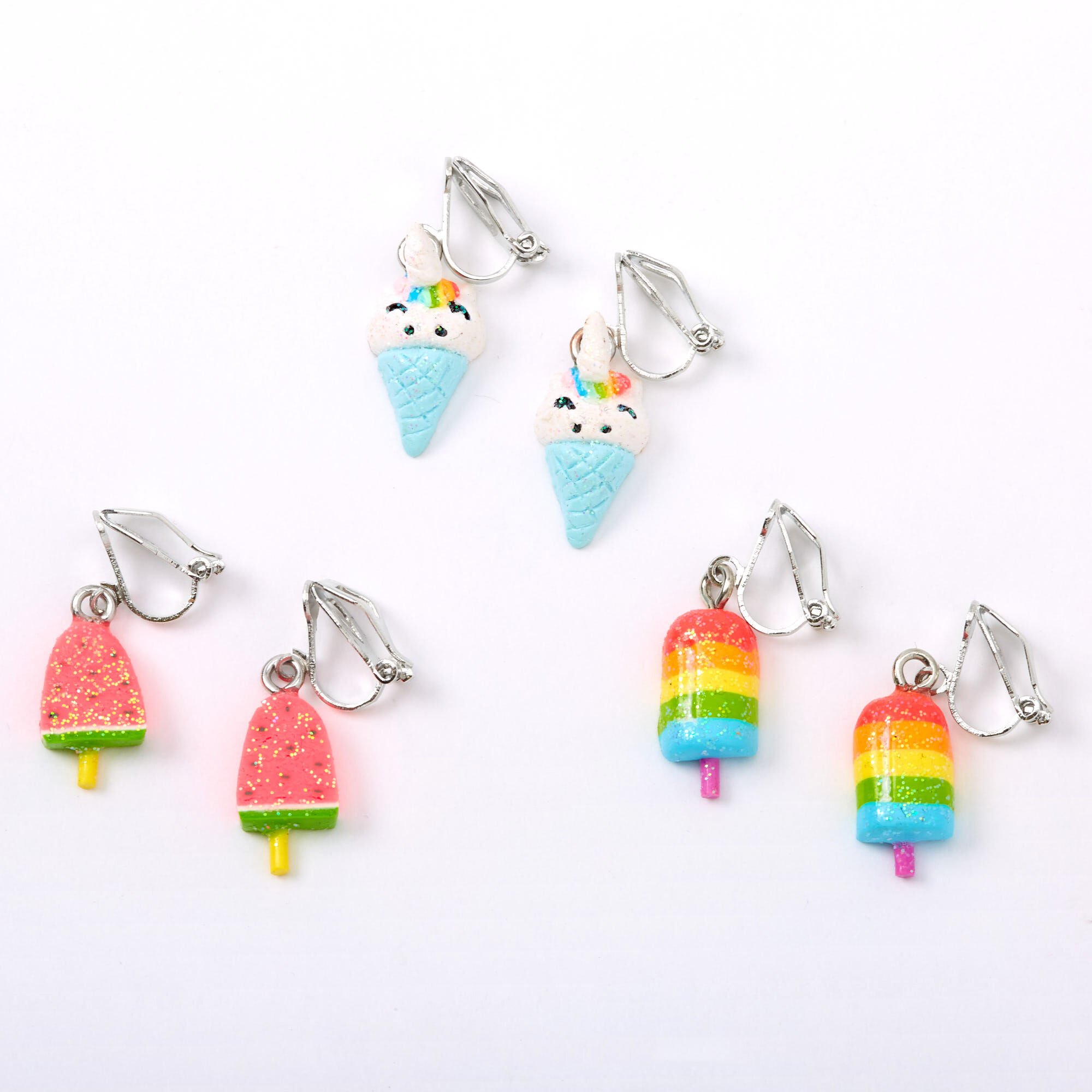 View Claires Glitter Popsicle Ice Cream Clip On Earrings 3 Pack Silver information