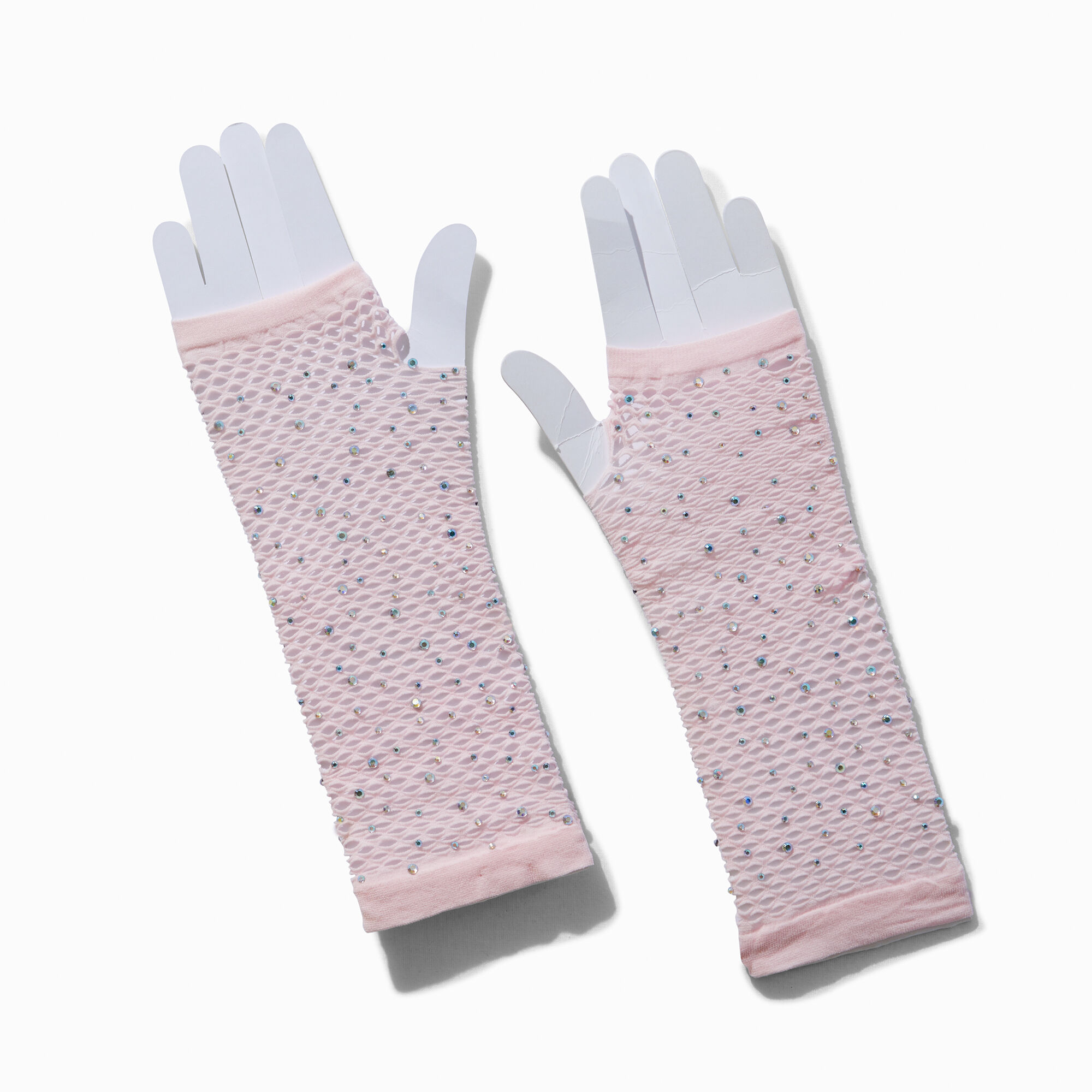 View Claires RhinestoneStudded Fishnet Arm Warmers Pink information