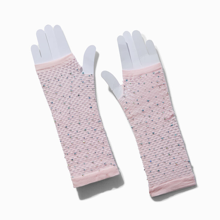 Rhinestone-Studded Pink Fishnet Arm Warmers