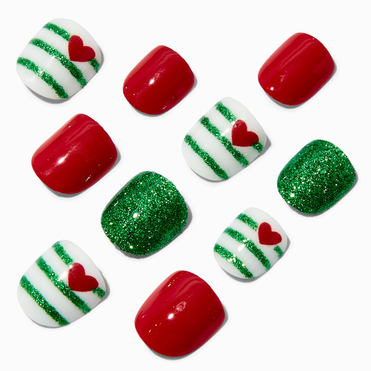 Claire&#39;s Club Red &amp; Green Heart Press On Vegan Faux Nail Set - 10 Pack,