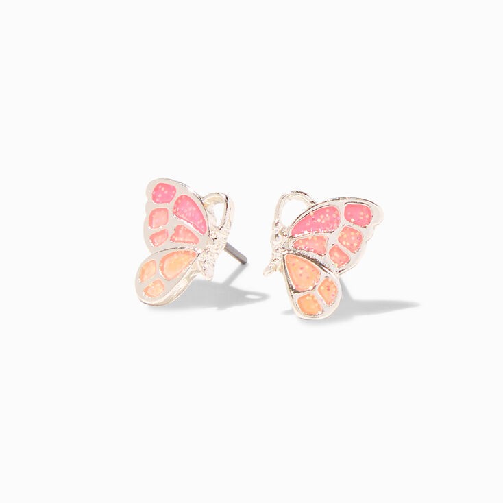 Silver-tone UV Color-Changing Glitter Butterfly Stud Earrings,