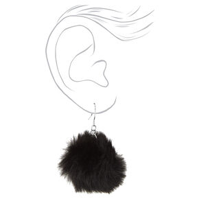 Silver 2&quot; Pom Pom Drop Earrings - Black,