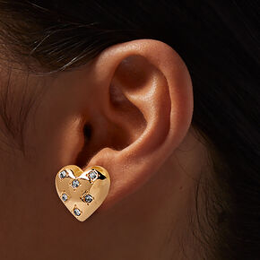 Gold-tone Puffy Heart Crystal Stud Earrings ,