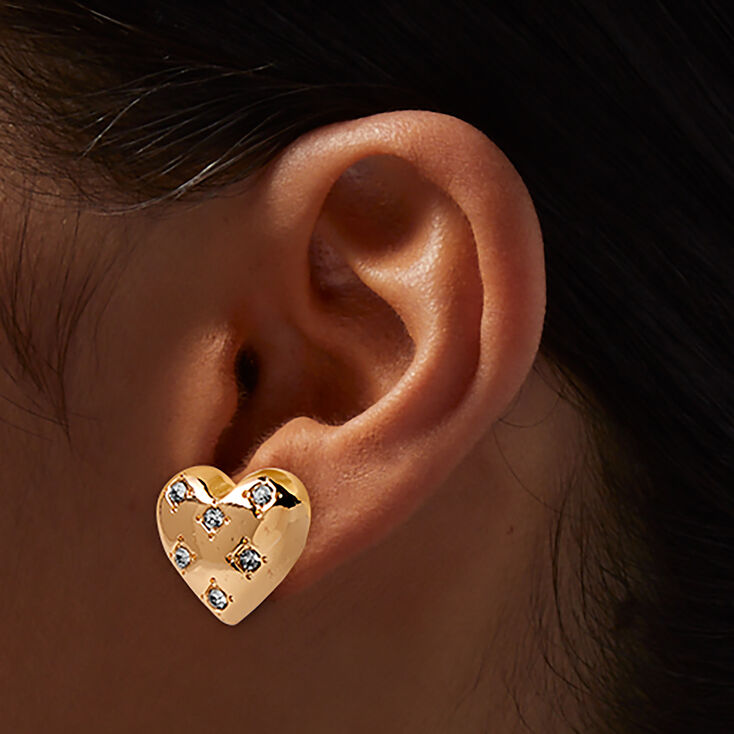 Gold-tone Puffy Heart Crystal Stud Earrings ,