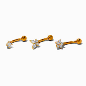Gold-tone Stainless Steel Cubic Zirconia 16G Star, Butterfly &amp; Flower Stud Rook Earrings - 3 Pack,
