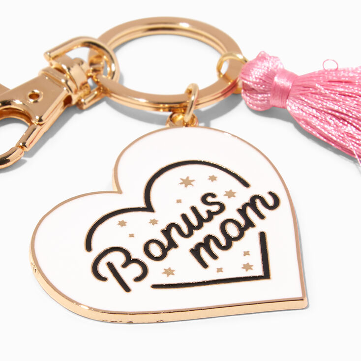 &quot;Bonus Mom&quot; Pink Tassel Heart Keychain,