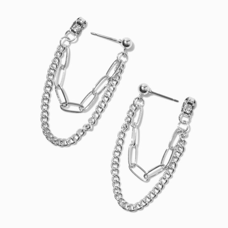Silver-tone Two Chains Front &amp; Back Drop Earrings,