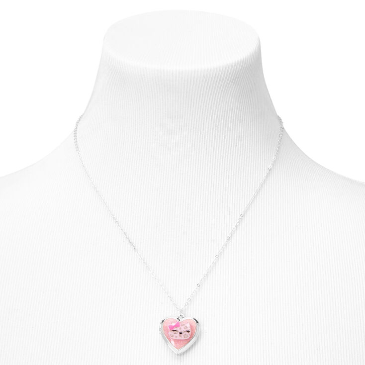 Claire&#39;s Club Silver Glitter Cat Locket Necklace,