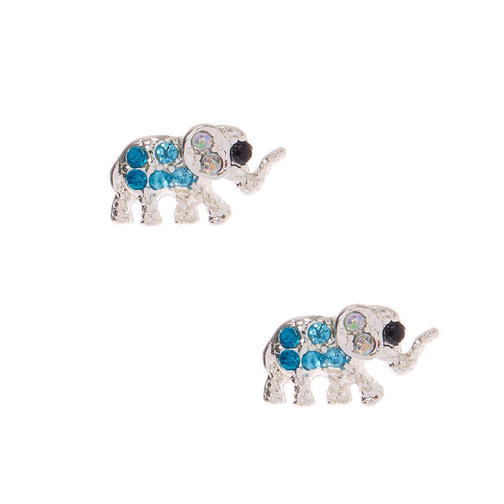 Silver Elephant Earrings - Blue,