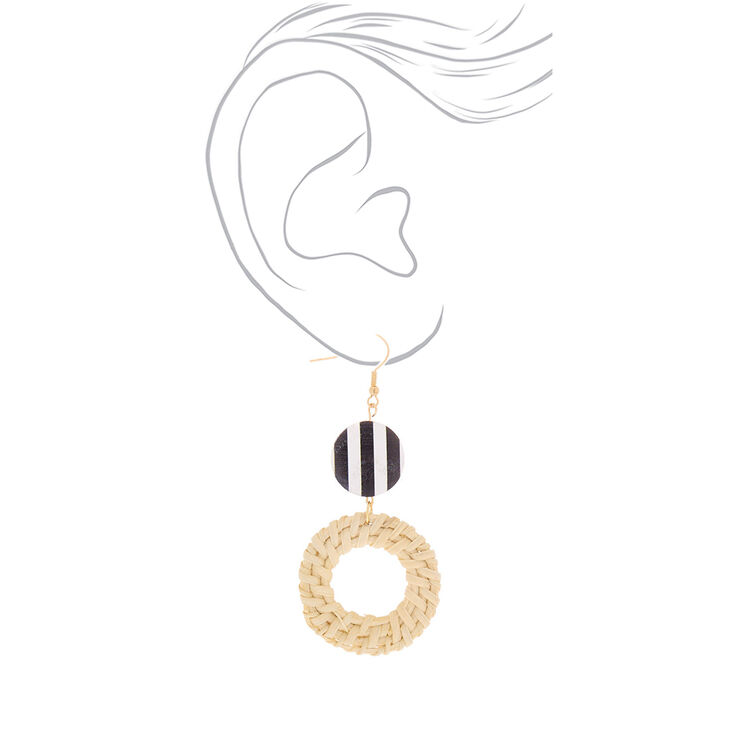 Gold 3" Round Striped Straw Drop Earrings White Claire's