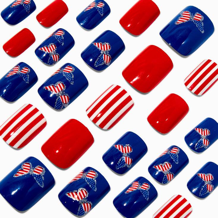 Stars &amp; Stripes Butterfly Square Press On Faux Nail Set - 24 Pack,