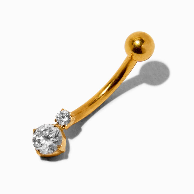 Gold-tone Titanium 14G Double Cubic Zirconia Belly Bar,