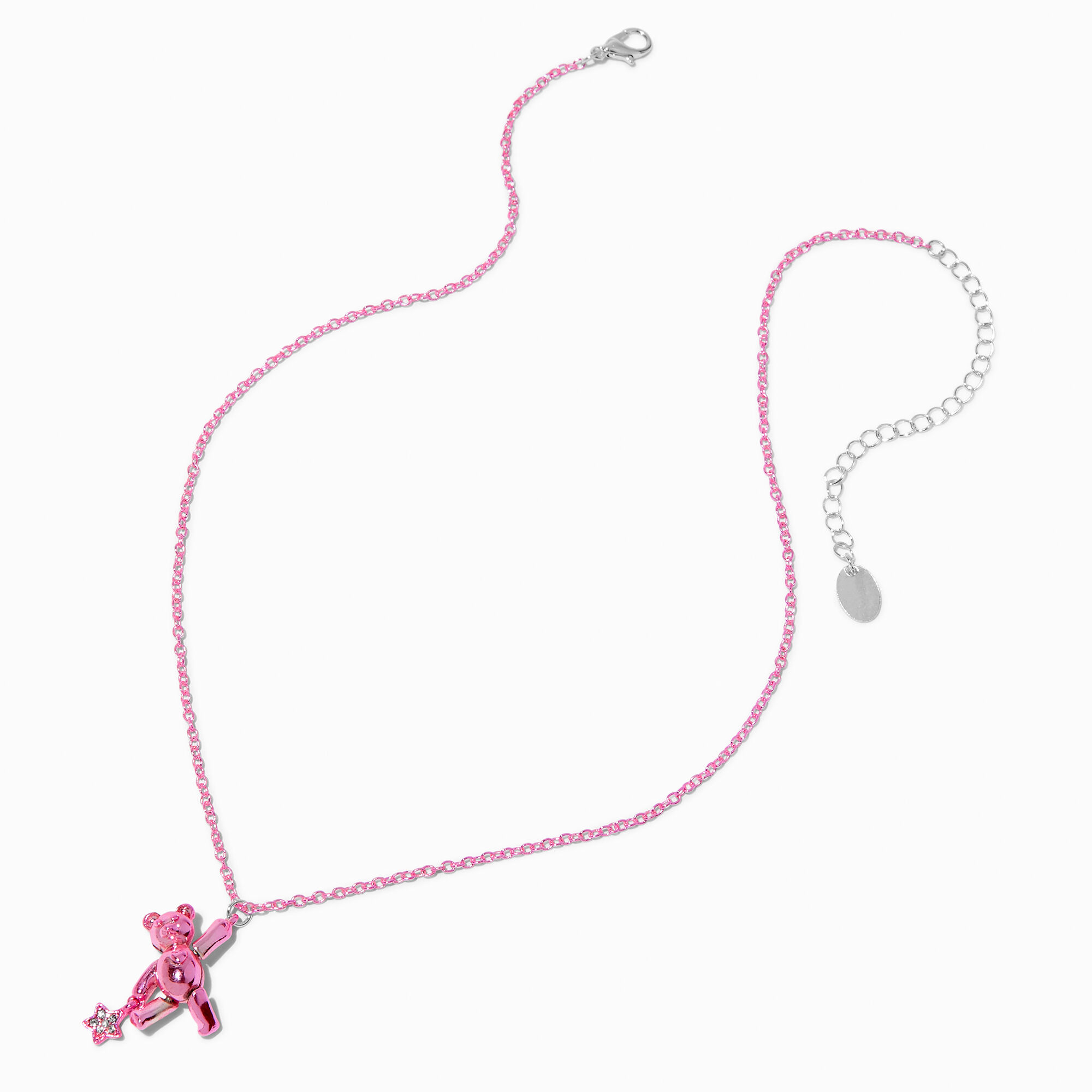 Pink Iridescent Bear Dangling Star Pendant Necklace ,