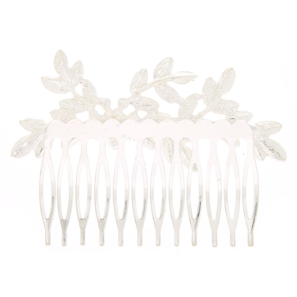 Peigne motif feuille en strass couleur argenté,