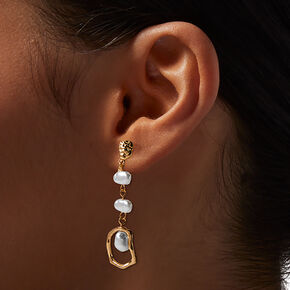  Gold-tone Hammered Pearl Linear 3&quot; Drop Earrings,