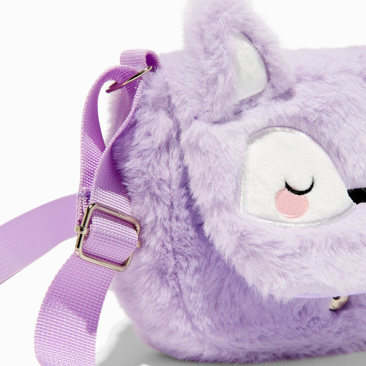 Claire&#39;s Club Furry Lilac Fox Crossbody Bag,