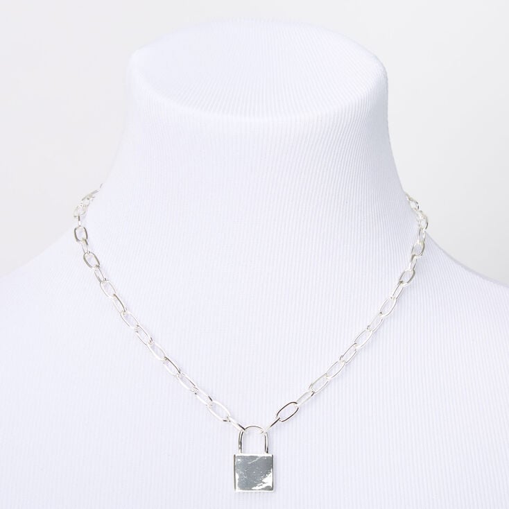 Silver-tone Lock Pendant Chain Necklace,