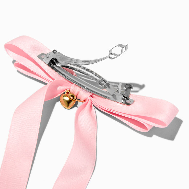 T H E M E x Claire&#39;s Pink Long Tail Gold-tone Heart Charm Hair Bow Clip,