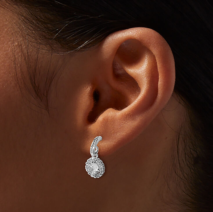 Silver-tone Cubic Zirconia Halo Drop Earrings ,
