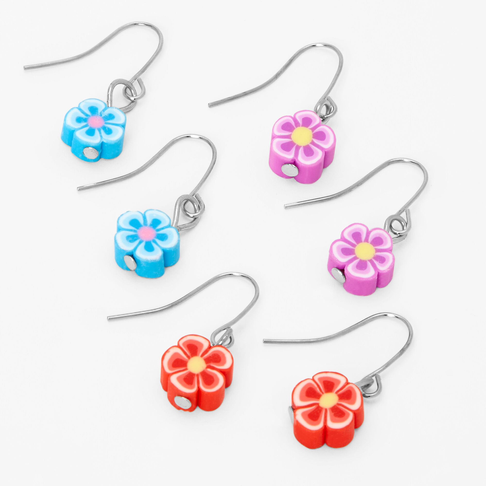Silver 1 Hibiscus Flower Drop Earrings 3 Pack