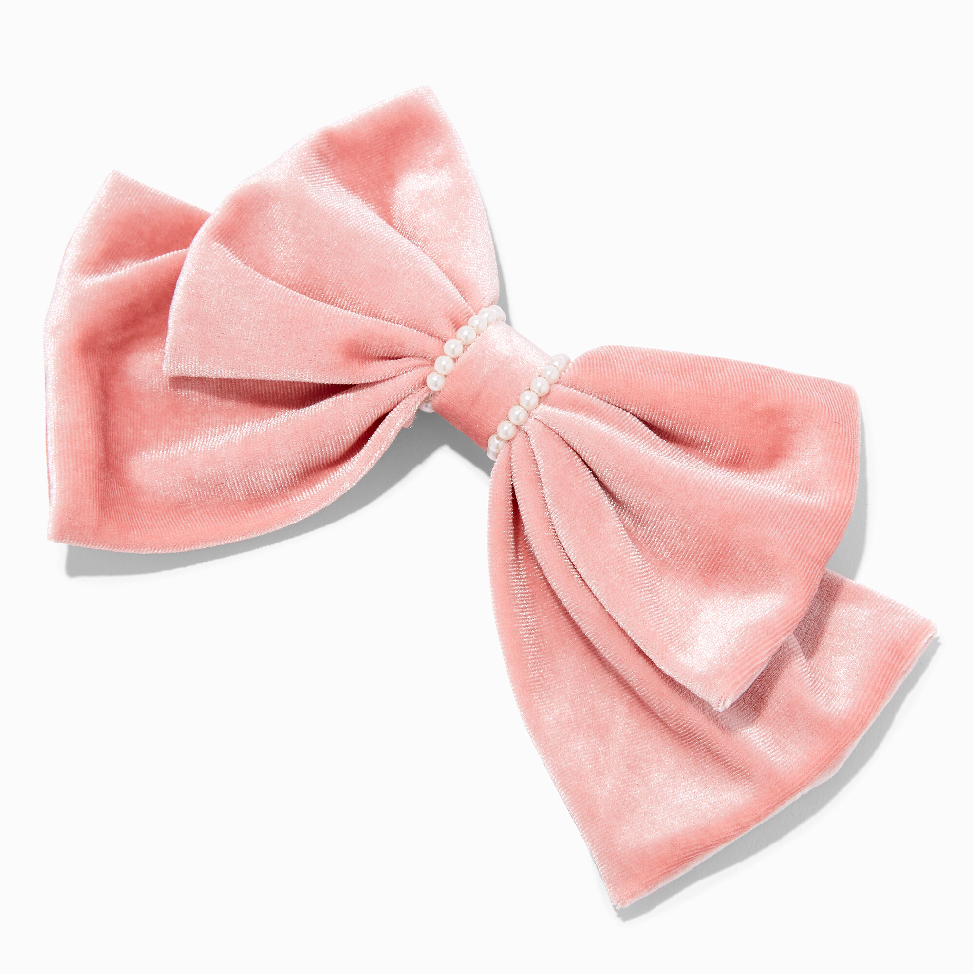 View Claires Blush Velvet Pearl Trim Hair Bow Clip Pink information