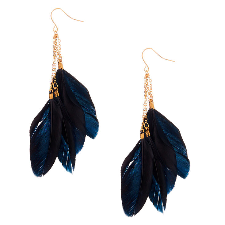 Gold 3.5&quot; Feather Drop Earrings - Black,