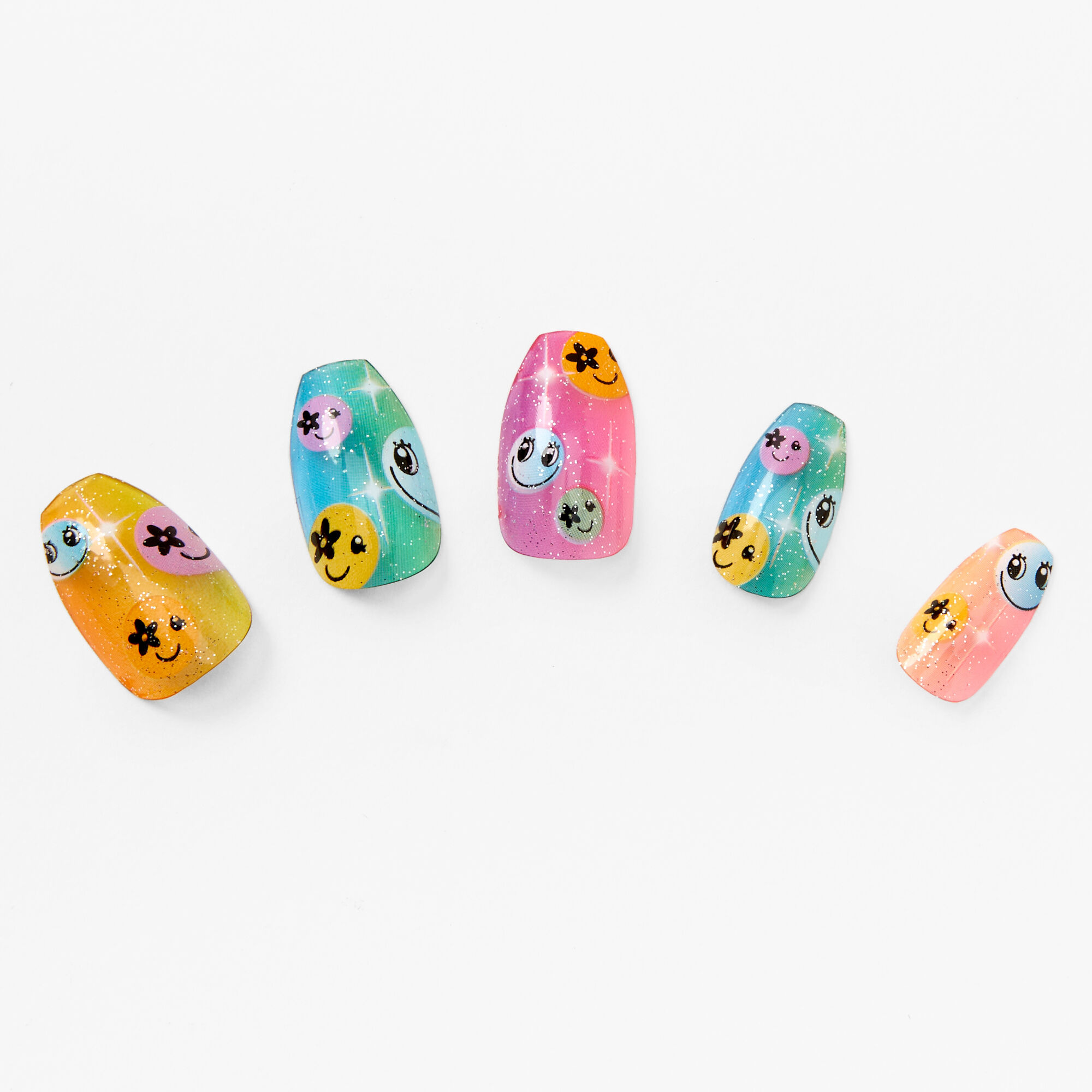 Glitter Rainbow Happy Face Jelly Coffin Vegan Faux Nail Set (24 pack),