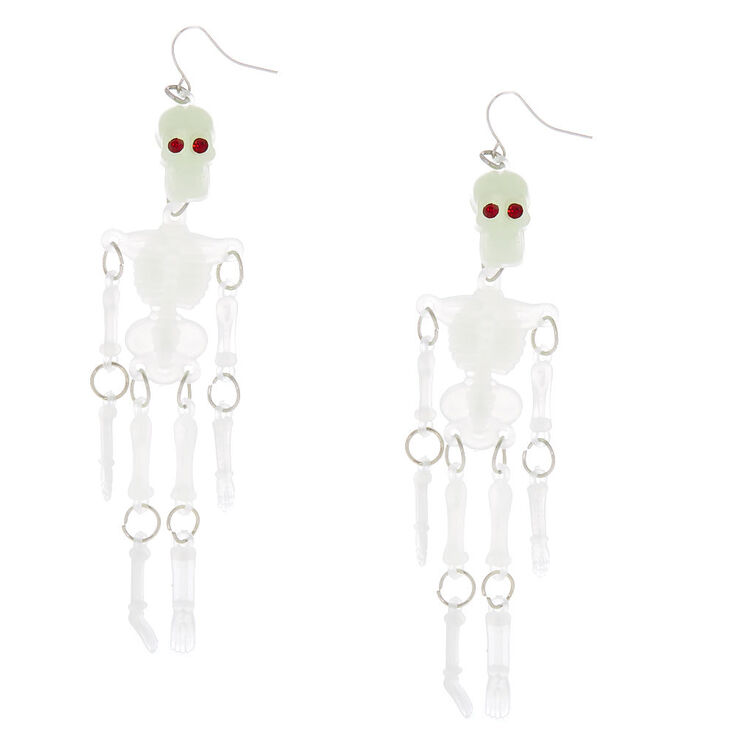 4 Glow In The Dark Dangling Skeleton Drop Earrings White