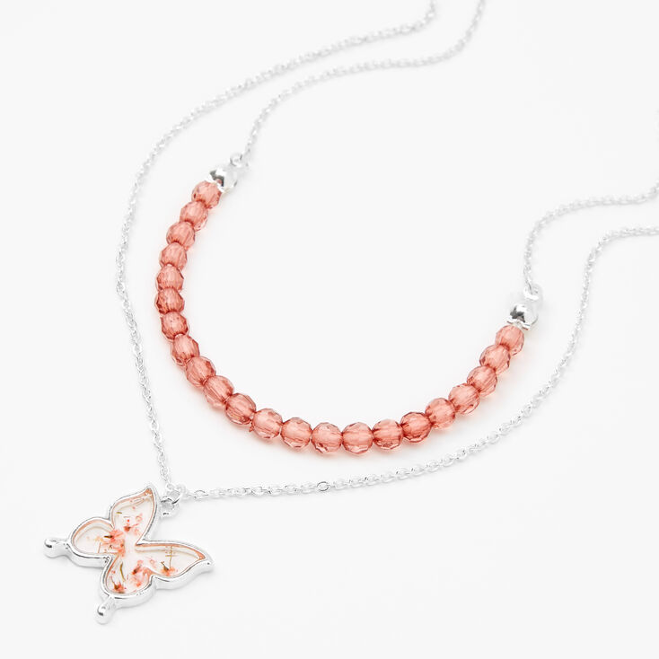 Claire's Colliers multi-rangs papillon perlés floraux couleur argentée - Rose tendre