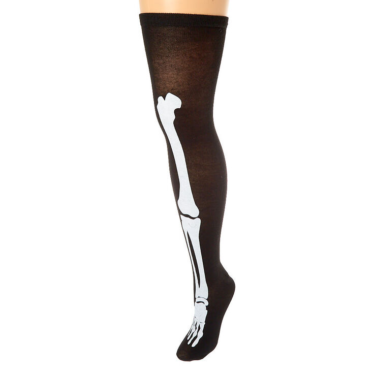 Glow In The Dark Over the Knee Skeleton Socks - Black,