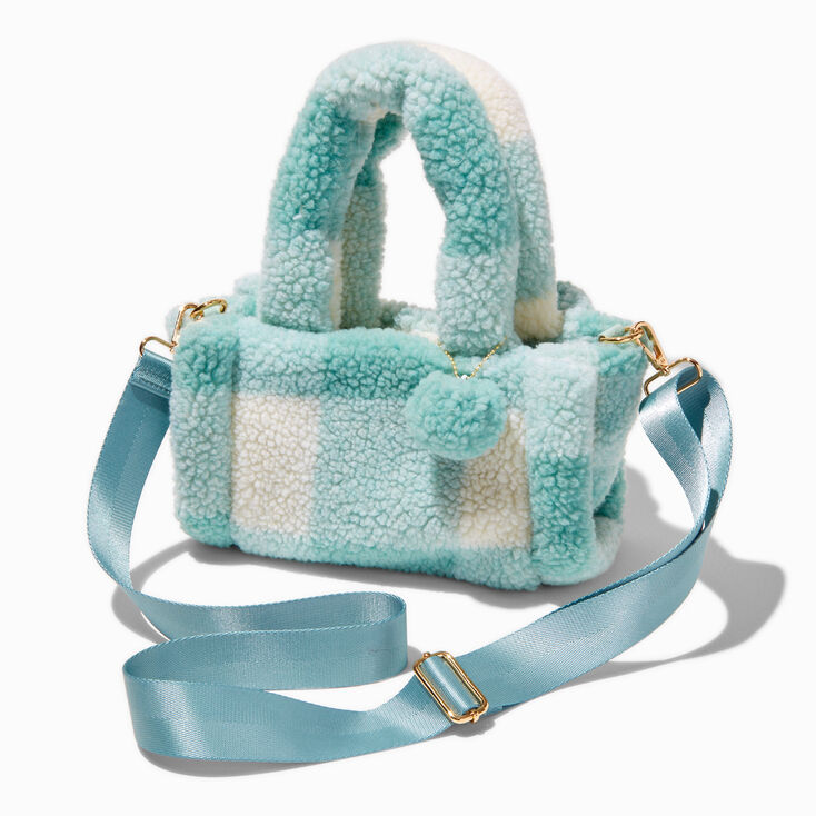 Blue Check Sherpa Crossbody Tote Bag,