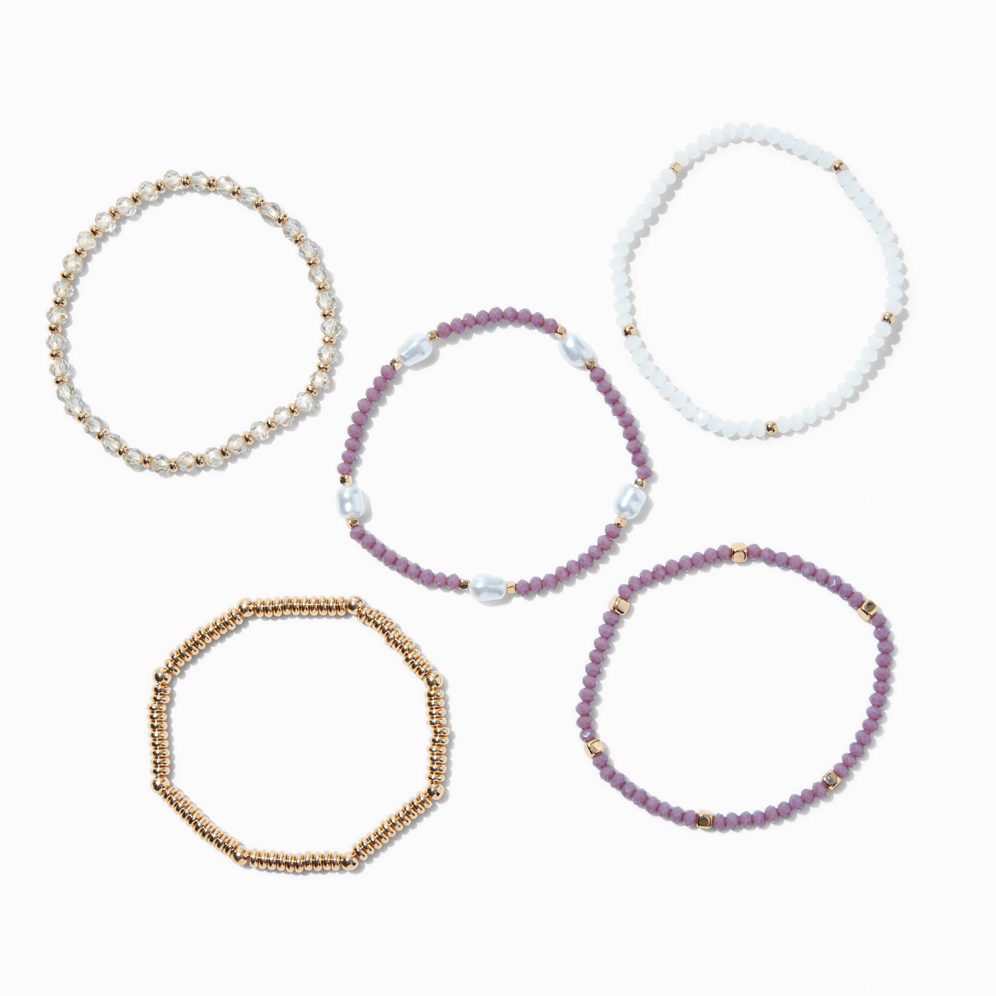 Mauve Gold-tone Beaded Stretch Bracelets - 5 Pack,