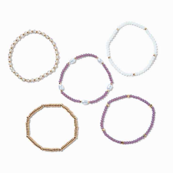 Mauve Gold-tone Beaded Stretch Bracelets - 5 Pack,